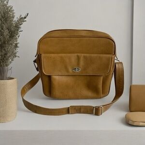Vintage Samsonite Tan Vinyl Carry-On Messenger Travel Bag Good
